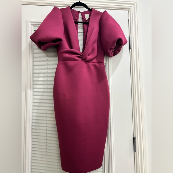 ASOS DESIGN bubble sleeve twist detail midi pencil dress in raspberry NWOT - Picture 5 of 7